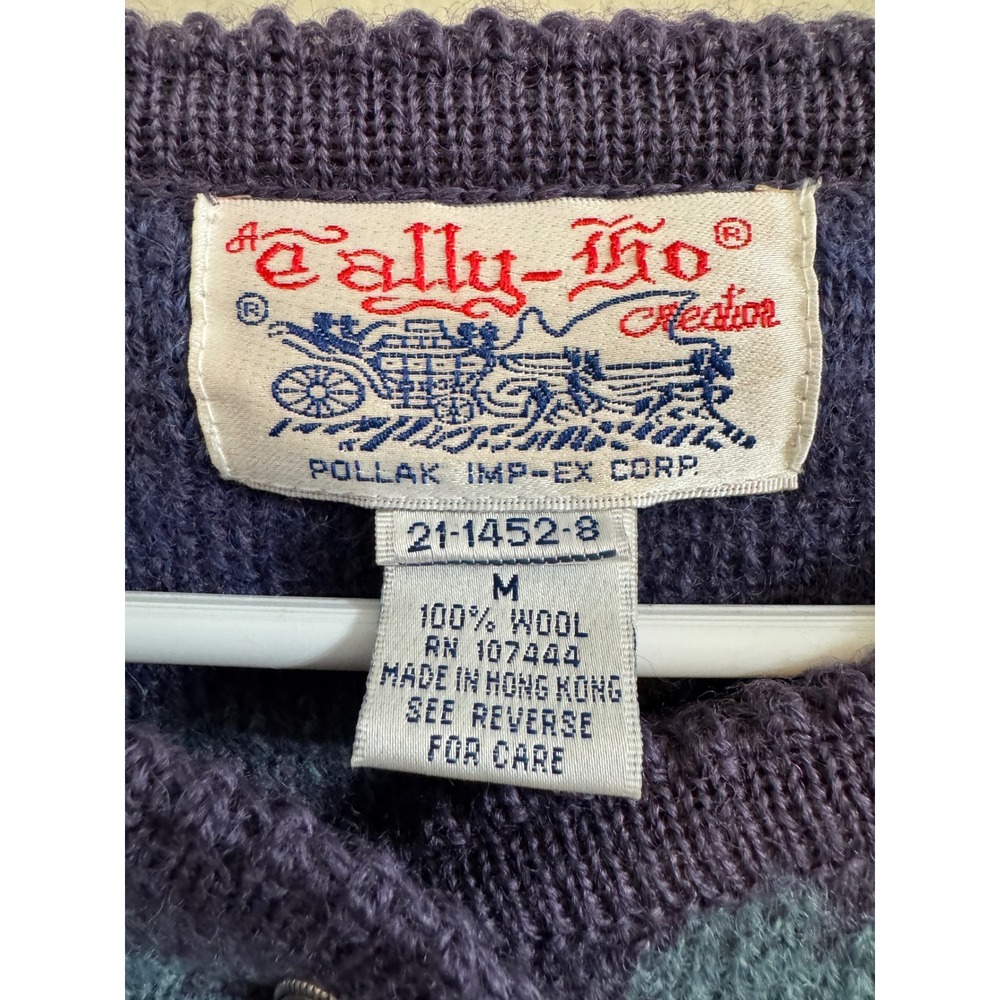 Vintage 💜💙Tally-Ho 100% Wool Cardigan Sweater Medium Blue Floral Knit Hong Kon - Picture 6 of 7